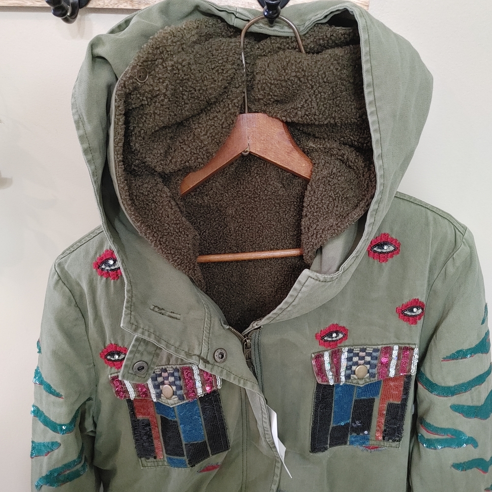 NWT Desigual Sequin Embroidered Military Hooded Jacket 2 in 1 Size 38 Small - Picture 3 of 8